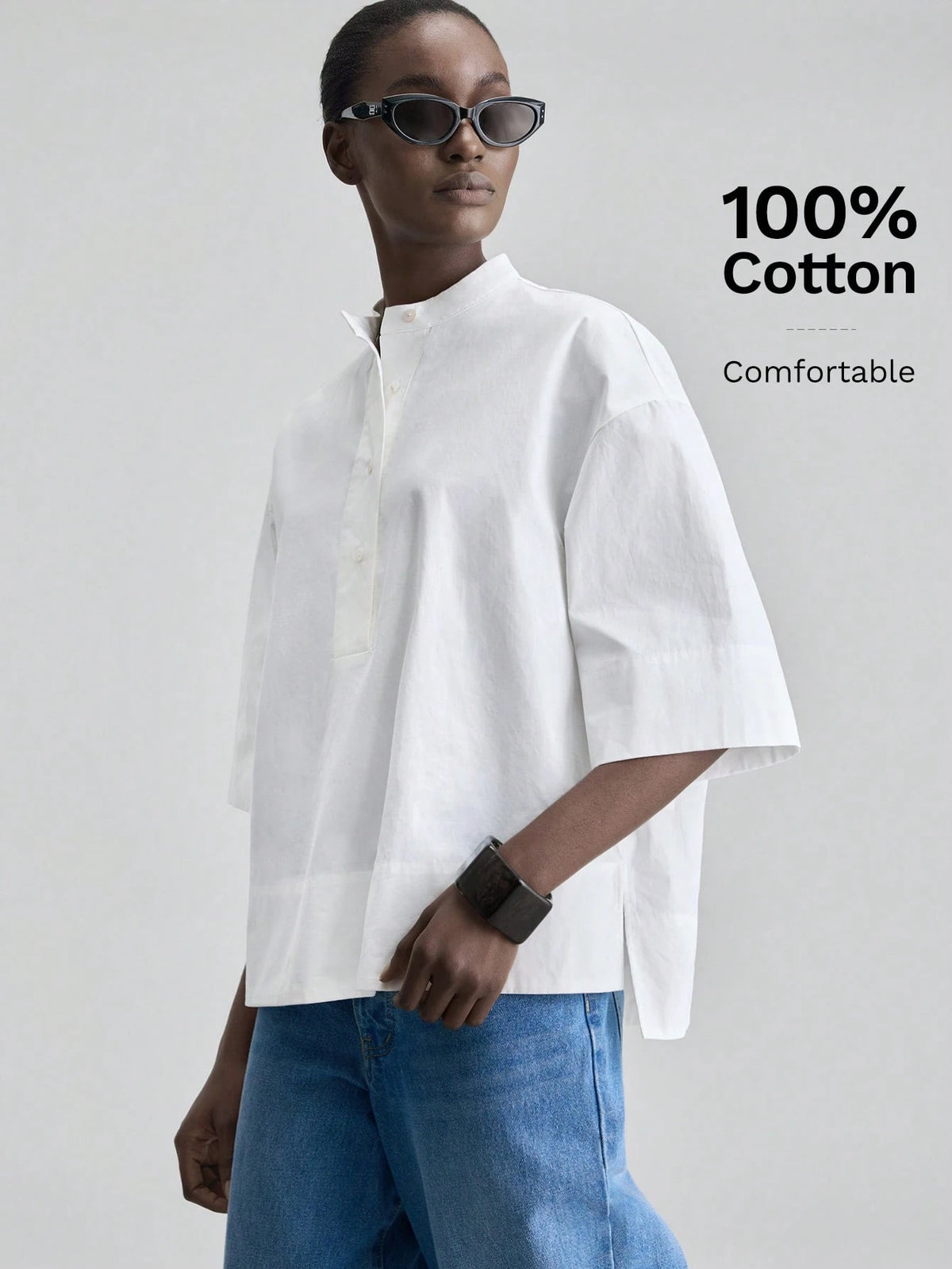 Ontre Women's Beige Comfortable Skin-Friendly Poplin Fabric Round Neck Dropped Shoulder Short Sleeve Loose Drop Shoulder Design Special Cut Front Short Back Long Modern Urban Fashion Business Casual O