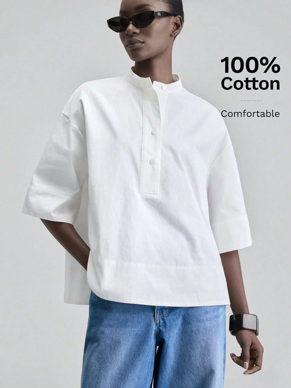 Ontre Women's Beige Comfortable Skin-Friendly Poplin Fabric Round Neck Dropped Shoulder Short Sleeve Loose Drop Shoulder Design Special Cut Front Short Back Long Modern Urban Fashion Business Casual O