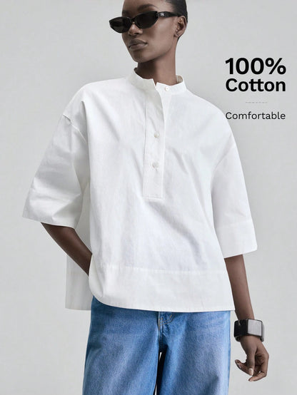 Ontre Women's Beige Comfortable Skin-Friendly Poplin Fabric Round Neck Dropped Shoulder Short Sleeve Loose Drop Shoulder Design Special Cut Front Short Back Long Modern Urban Fashion Business Casual O