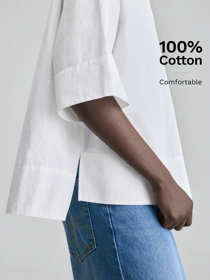 Ontre Women's Beige Comfortable Skin-Friendly Poplin Fabric Round Neck Dropped Shoulder Short Sleeve Loose Drop Shoulder Design Special Cut Front Short Back Long Modern Urban Fashion Business Casual O