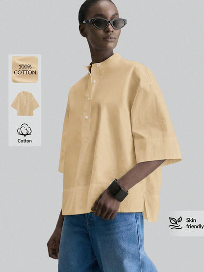 Ontre Women's Beige Comfortable Skin-Friendly Poplin Fabric Round Neck Dropped Shoulder Short Sleeve Loose Drop Shoulder Design Special Cut Front Short Back Long Modern Urban Fashion Business Casual O