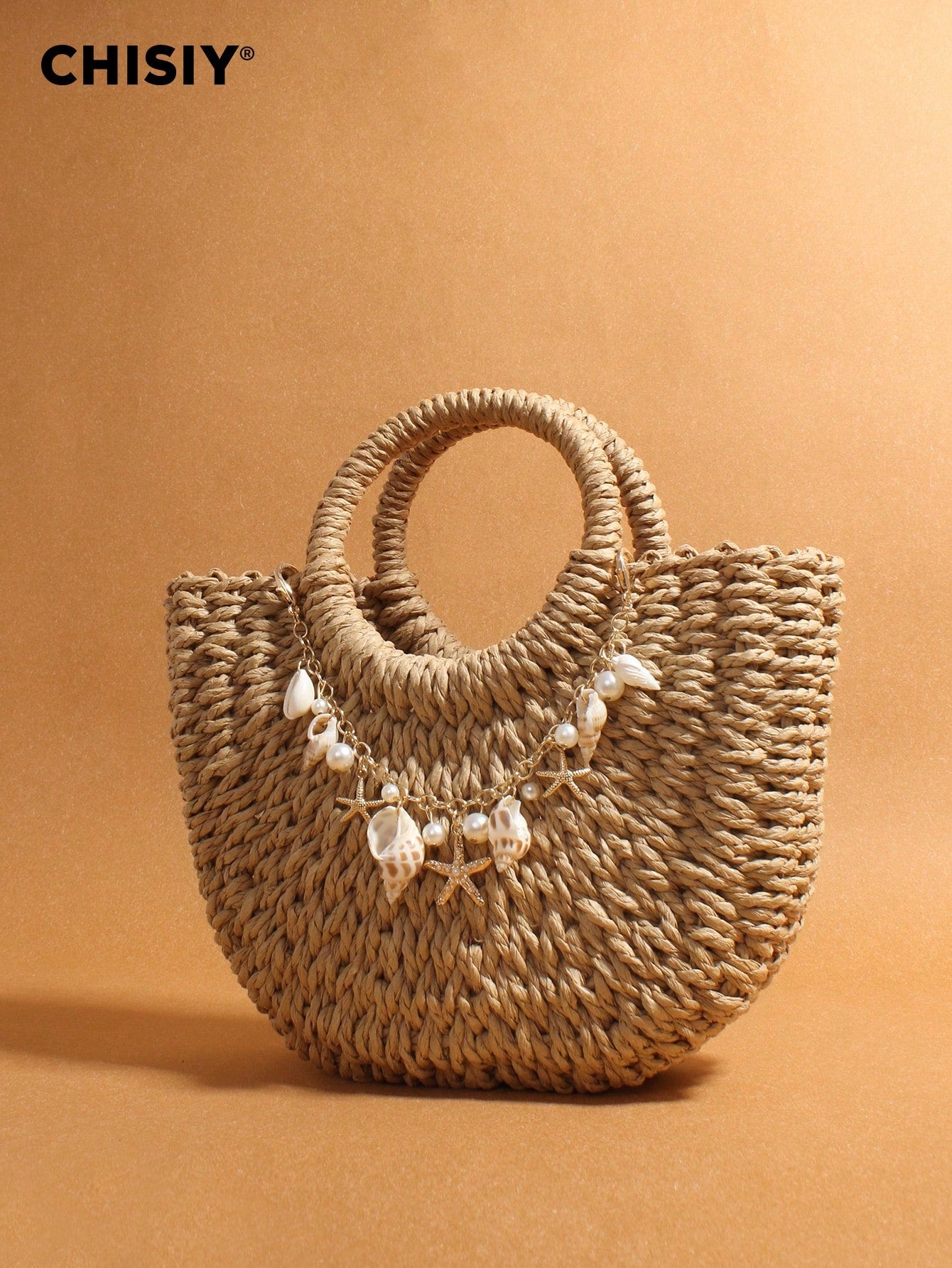 Original Pearl Shell Ornament Woven Bag, Straw Woven Handbag, Woven Handbag, Summer Beach Bag, Creative Women's Shoulder Bag, Beach Vacation Bag