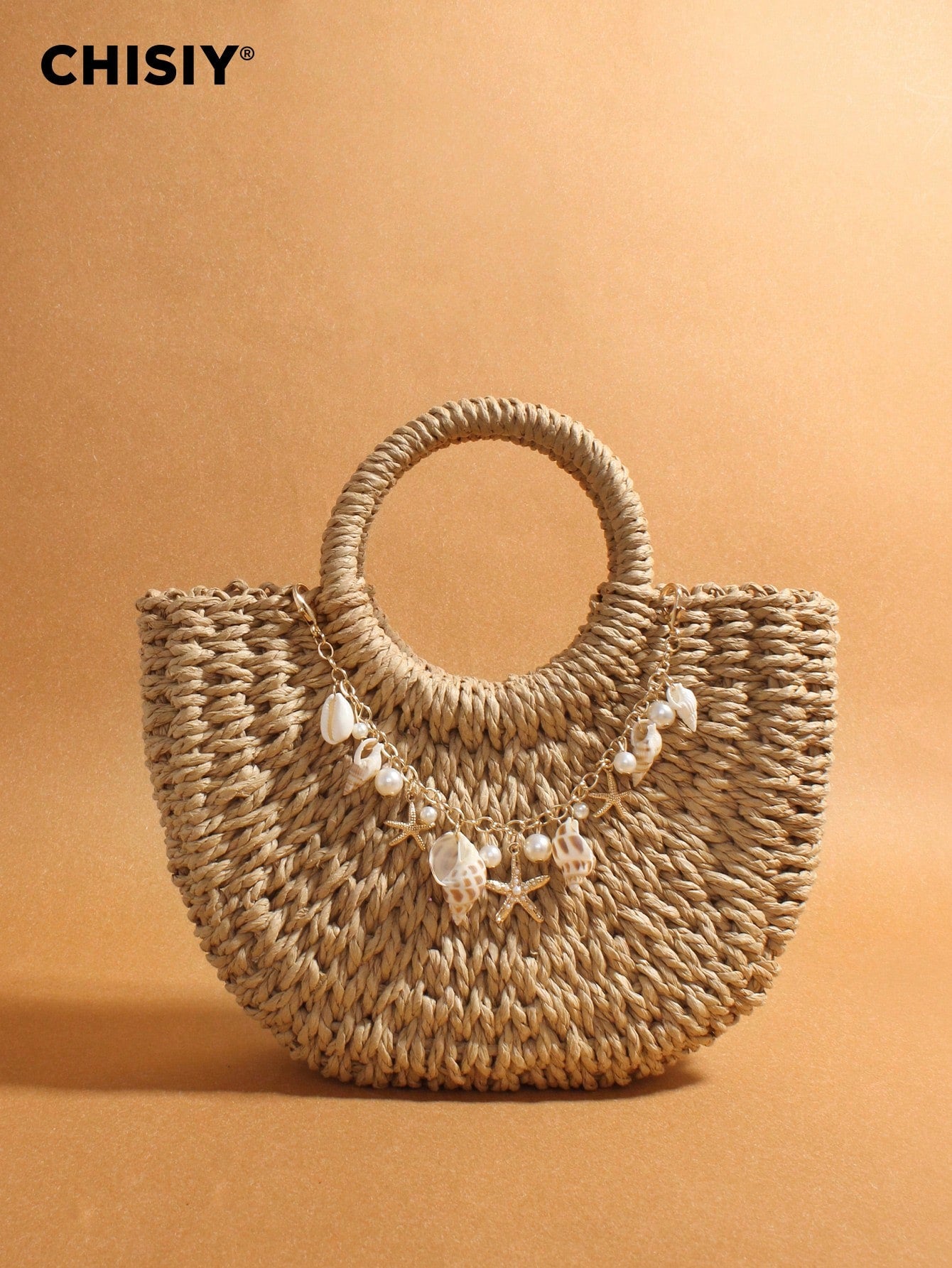 Original Pearl Shell Ornament Woven Bag, Straw Woven Handbag, Woven Handbag, Summer Beach Bag, Creative Women's Shoulder Bag, Beach Vacation Bag