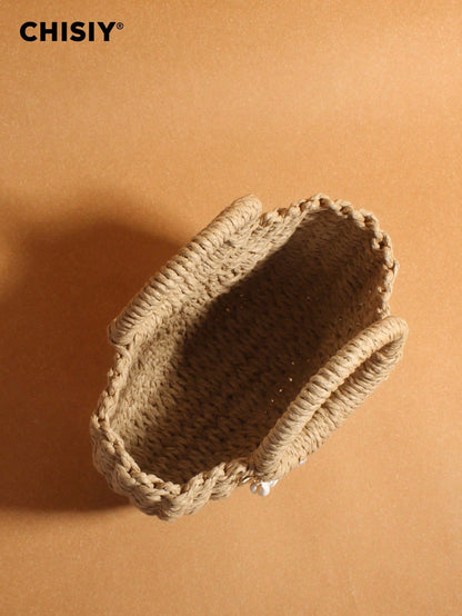 Original Pearl Shell Ornament Woven Bag, Straw Woven Handbag, Woven Handbag, Summer Beach Bag, Creative Women's Shoulder Bag, Beach Vacation Bag