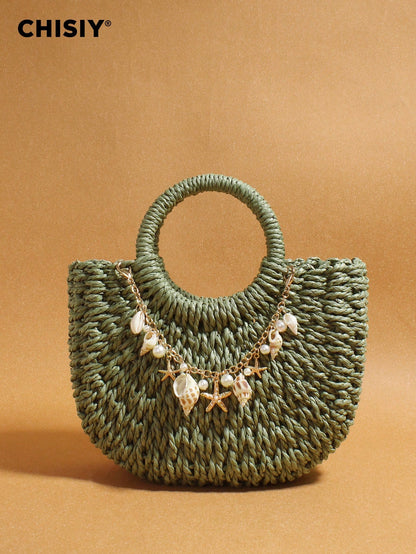 Original Pearl Shell Ornament Woven Bag, Straw Woven Handbag, Woven Handbag, Summer Beach Bag, Creative Women's Shoulder Bag, Beach Vacation Bag