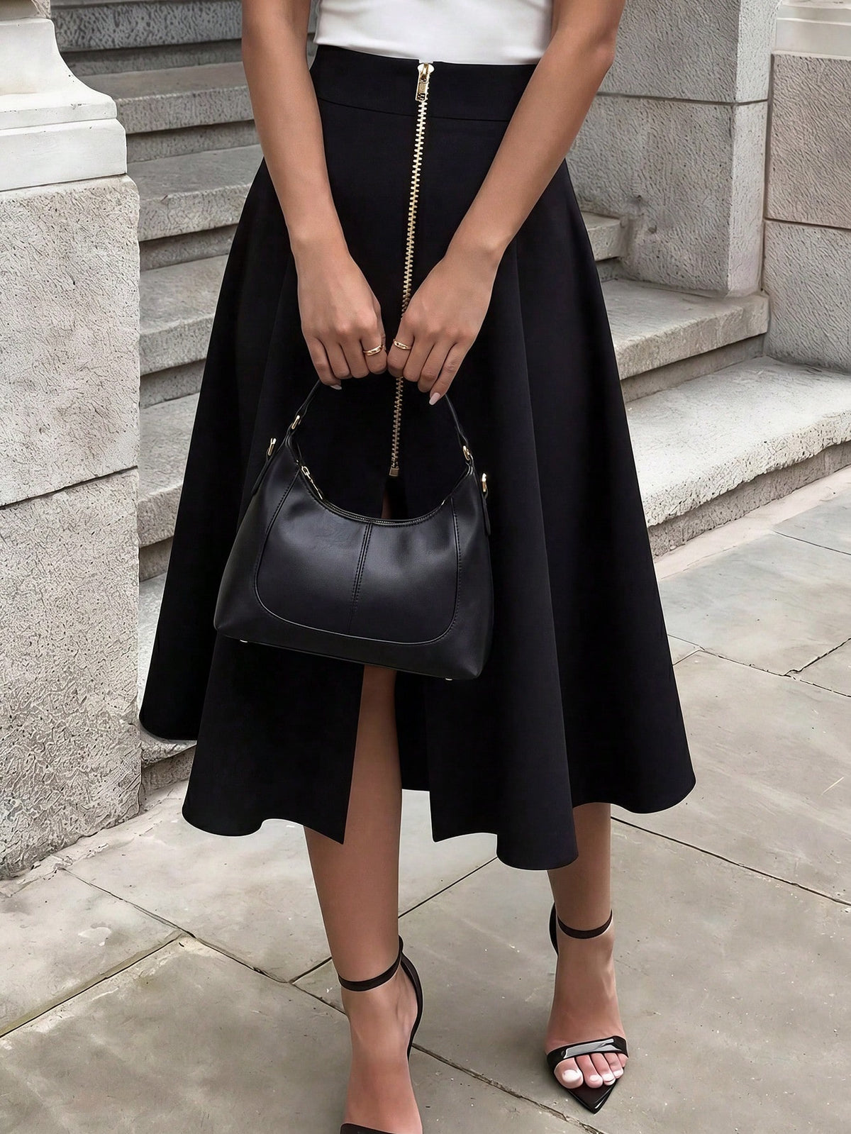 OULIS Black Zipper A-Line Skirt, Versatile For Office, Casual Dates, All-Match Essential