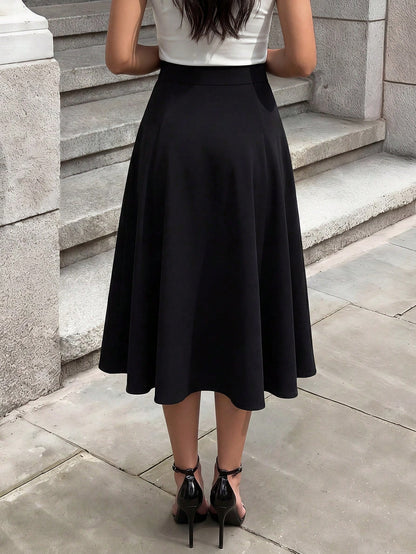 OULIS Black Zipper A-Line Skirt, Versatile For Office, Casual Dates, All-Match Essential
