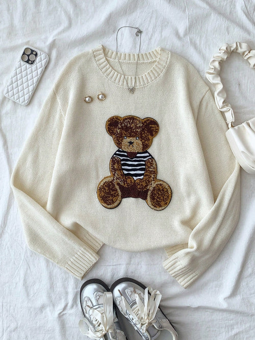 Oversized Crew Neck Bear Graphic Pullover Autumn Sweater,Teen Girl Back-To-School Winter Graduation Y2k Beige Retro Thermal Sporty Collegiate Fashion