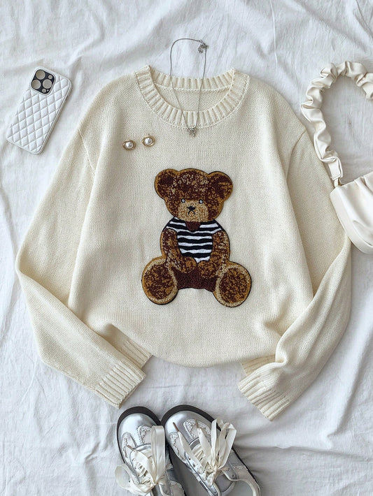 Oversized Crew Neck Bear Graphic Pullover Autumn Sweater,Teen Girl Back-To-School Winter Graduation Y2k Beige Retro Thermal Sporty Collegiate Fashion