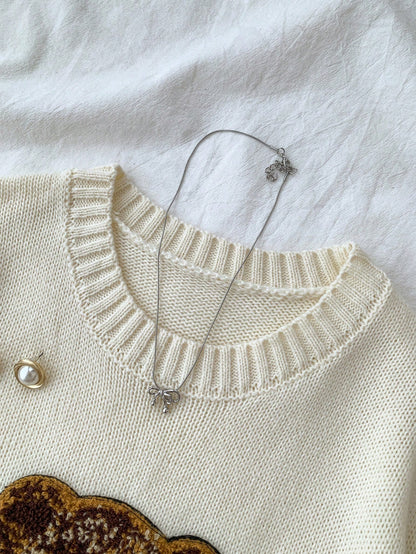 Oversized Crew Neck Bear Graphic Pullover Autumn Sweater,Teen Girl Back-To-School Winter Graduation Y2k Beige Retro Thermal Sporty Collegiate Fashion