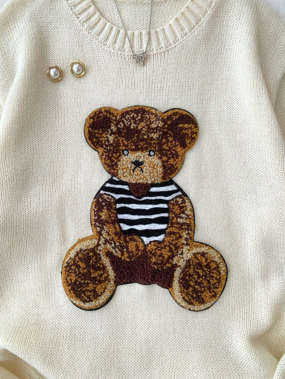 Oversized Crew Neck Bear Graphic Pullover Autumn Sweater,Teen Girl Back-To-School Winter Graduation Y2k Beige Retro Thermal Sporty Collegiate Fashion