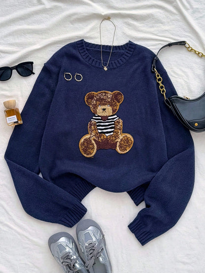 Oversized Crew Neck Bear Graphic Pullover Autumn Sweater,Teen Girl Back-To-School Winter Graduation Y2k Beige Retro Thermal Sporty Collegiate Fashion
