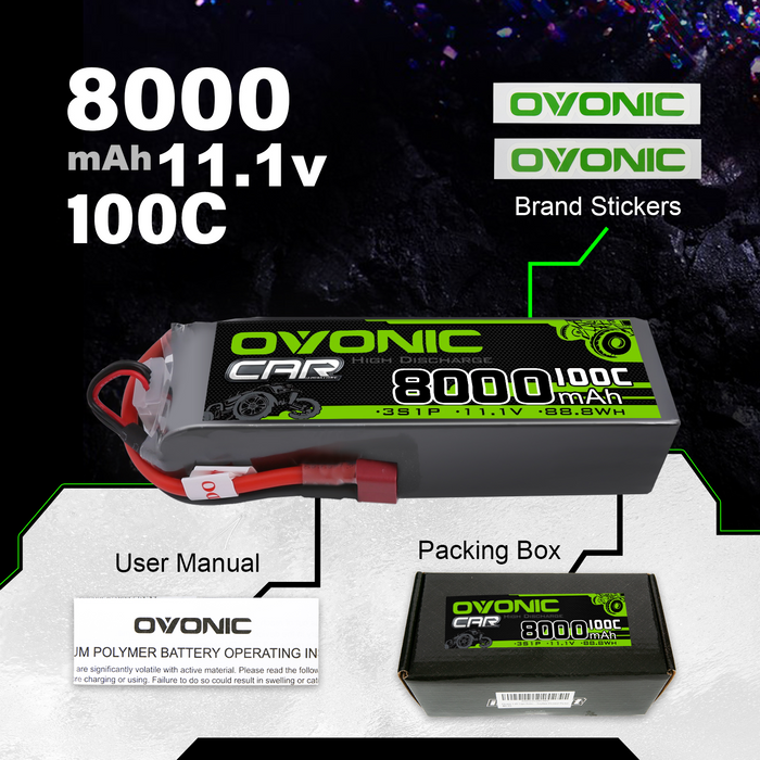 OVONIC 3S 11.1V 8000mAh 100C High Power Lipo Battery w/ Deans T Connector for 1/10 RC Car/Plane/Boat