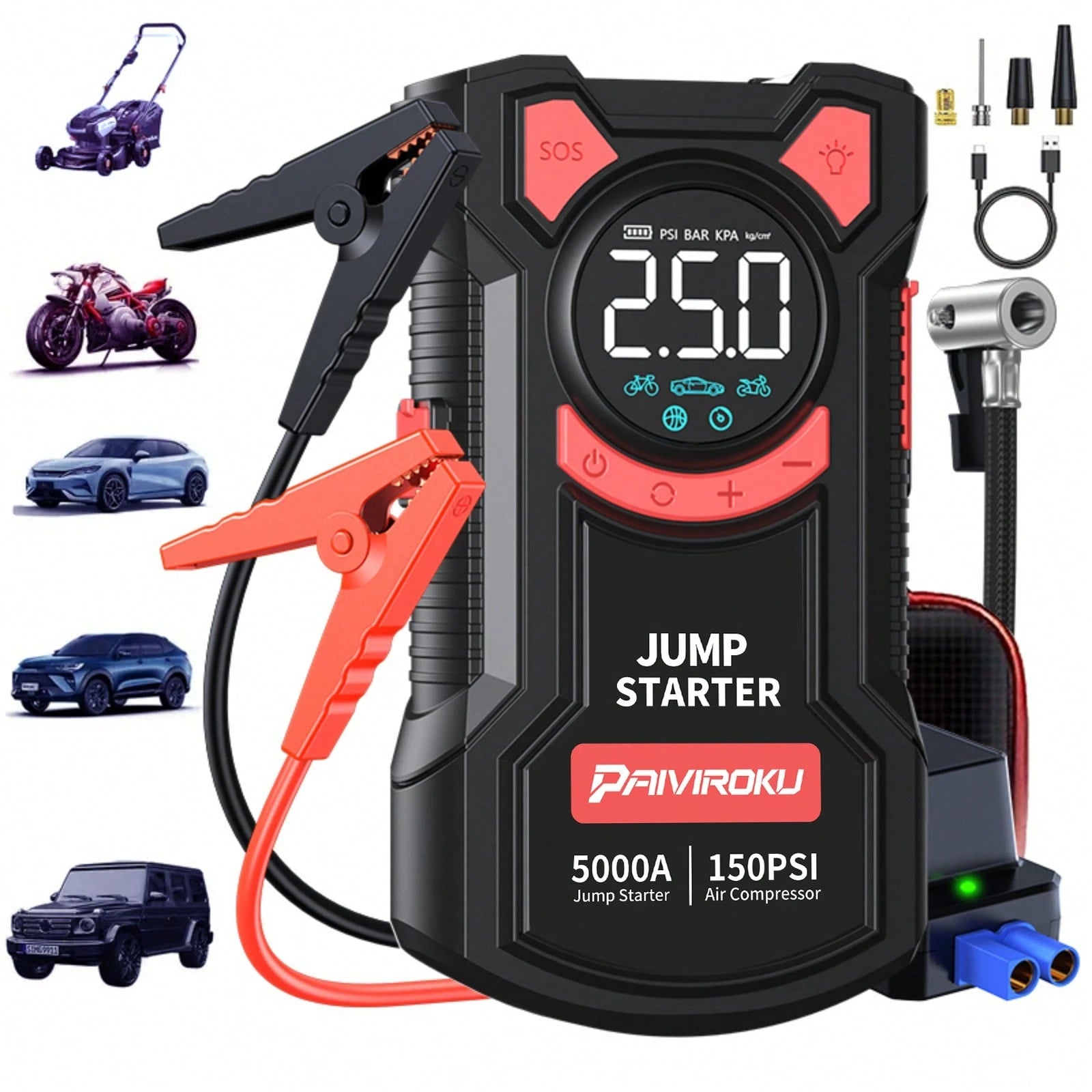 PAIIVIROKU 5000A Peak Car Jump Starter With 150PSI Air Compressor, 5 In 1 Portable Jump Box Battery Pack With Digital Tire Inflator, Fast Charge USB Output & LED Emergency Light, Car Battery Booster F