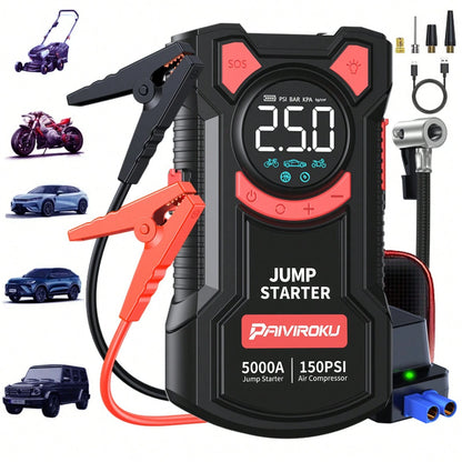 PAIIVIROKU 5000A Peak Car Jump Starter With 150PSI Air Compressor, 5 In 1 Portable Jump Box Battery Pack With Digital Tire Inflator, Fast Charge USB Output & LED Emergency Light, Car Battery Booster F