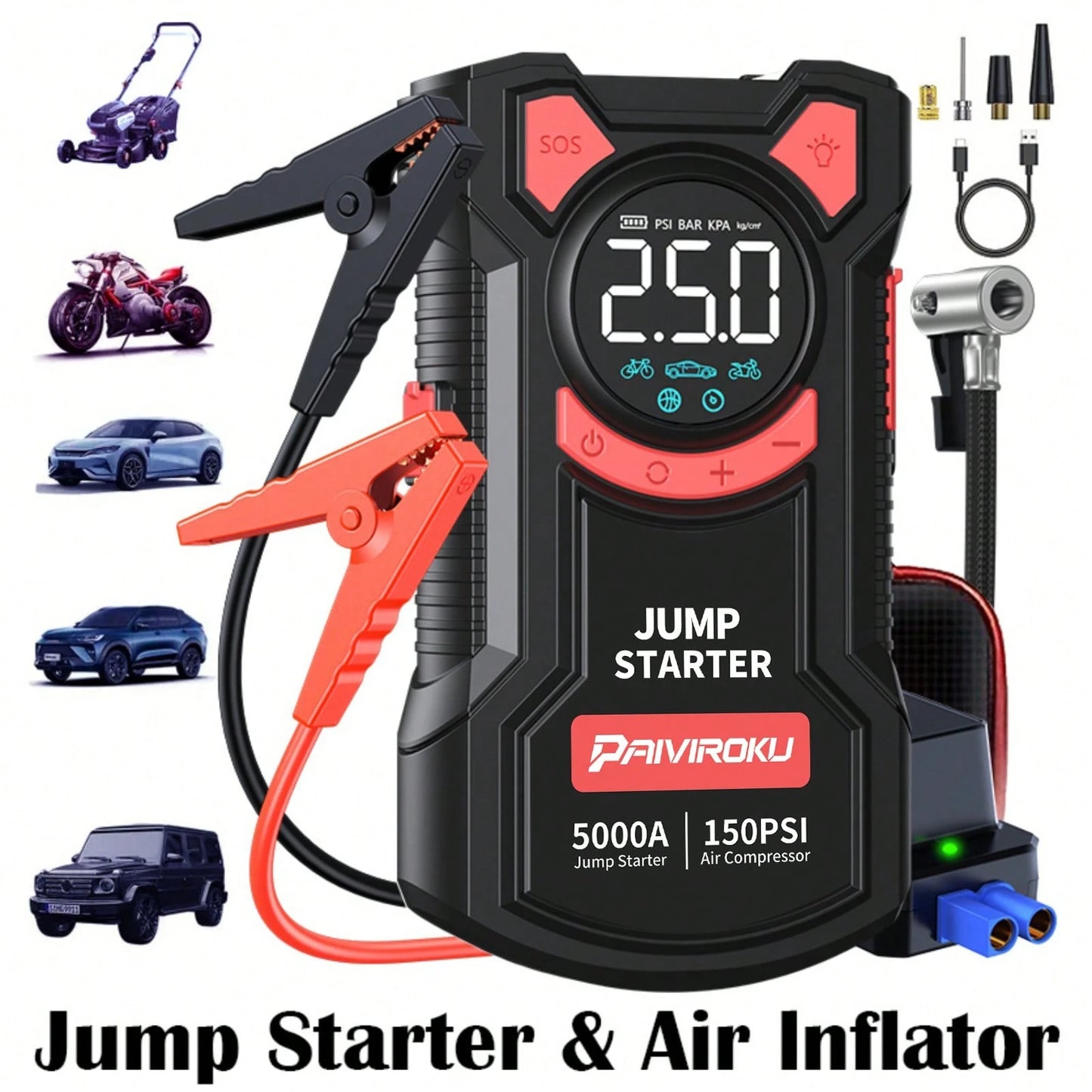 PAIIVIROKU 5000A Peak Car Jump Starter With 150PSI Air Compressor, 5 In 1 Portable Jump Box Battery Pack With Digital Tire Inflator, Fast Charge USB Output & LED Emergency Light, Car Battery Booster F