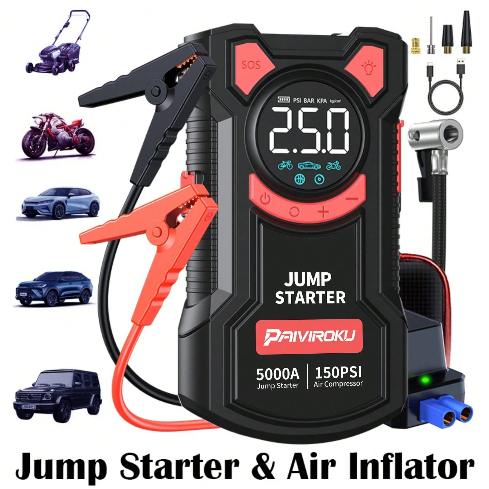 PAIIVIROKU 5000A Peak Car Jump Starter With 150PSI Air Compressor, 5 In 1 Portable Jump Box Battery Pack With Digital Tire Inflator, Fast Charge USB Output & LED Emergency Light, Car Battery Booster F