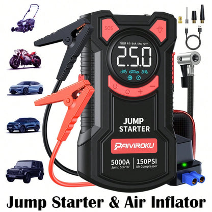 PAIIVIROKU 5000A Peak Car Jump Starter With 150PSI Air Compressor, 5 In 1 Portable Jump Box Battery Pack With Digital Tire Inflator, Fast Charge USB Output & LED Emergency Light, Car Battery Booster F