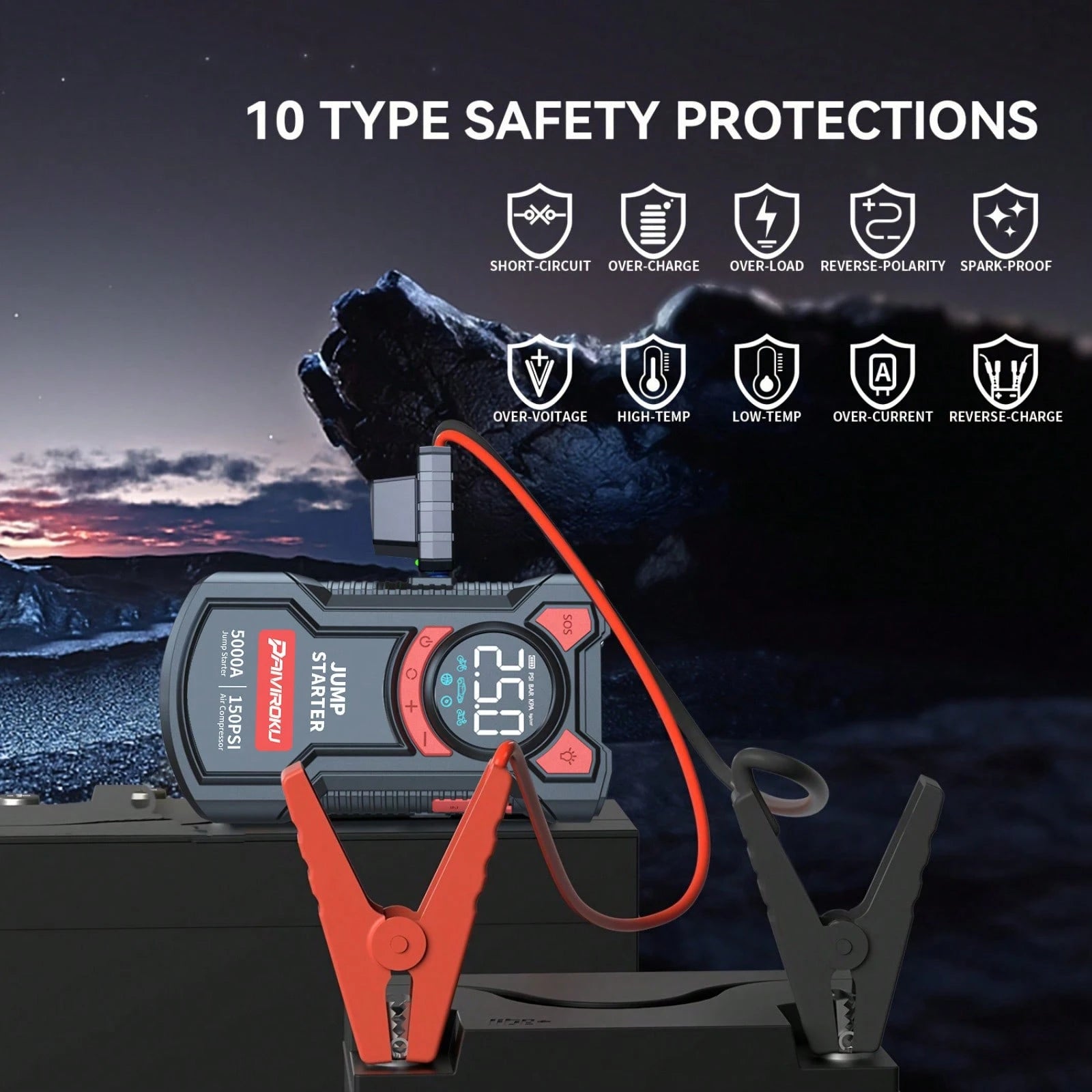 PAIIVIROKU 5000A Peak Car Jump Starter With 150PSI Air Compressor, 5 In 1 Portable Jump Box Battery Pack With Digital Tire Inflator, Fast Charge USB Output & LED Emergency Light, Car Battery Booster F