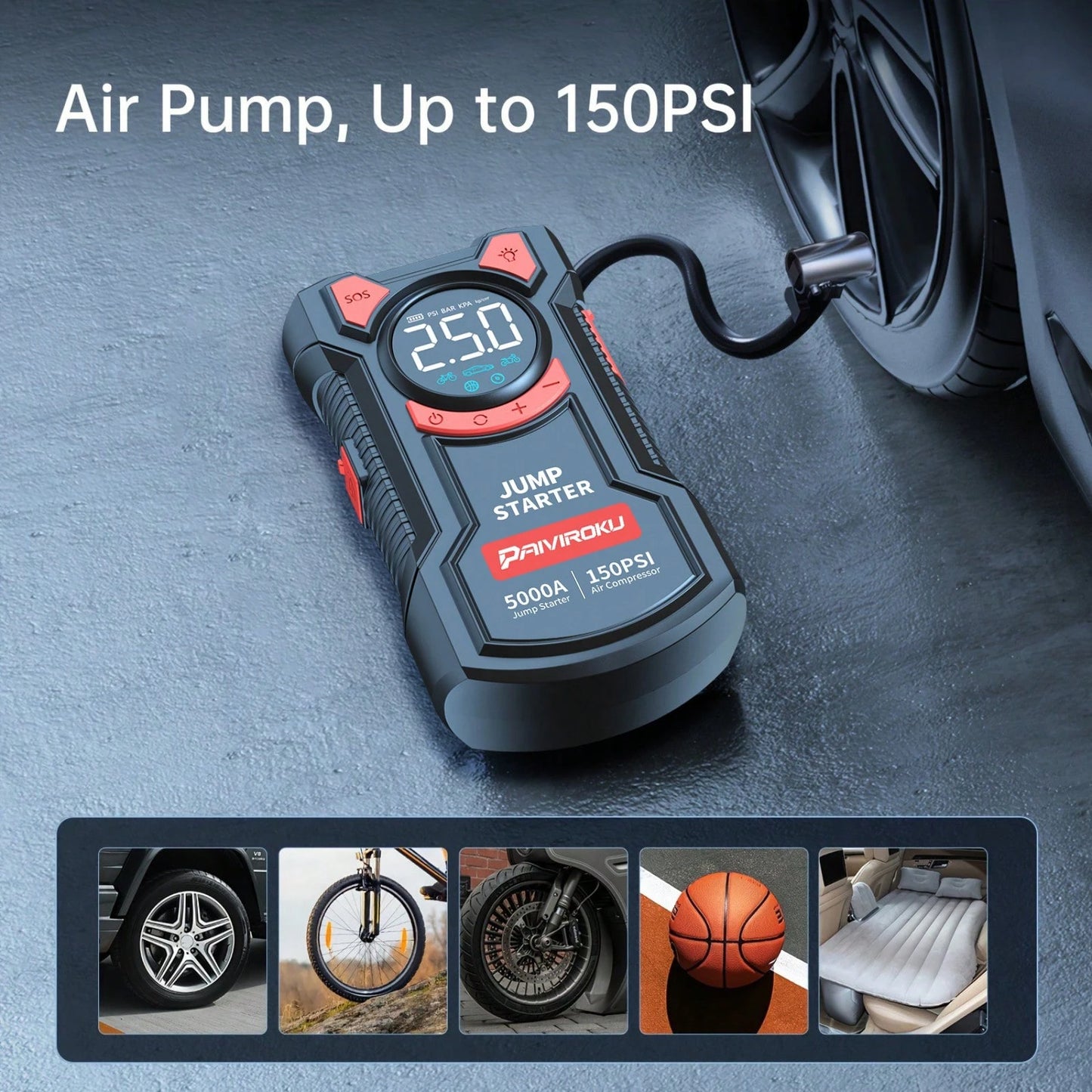 PAIIVIROKU 5000A Peak Car Jump Starter With 150PSI Air Compressor, 5 In 1 Portable Jump Box Battery Pack With Digital Tire Inflator, Fast Charge USB Output & LED Emergency Light, Car Battery Booster F
