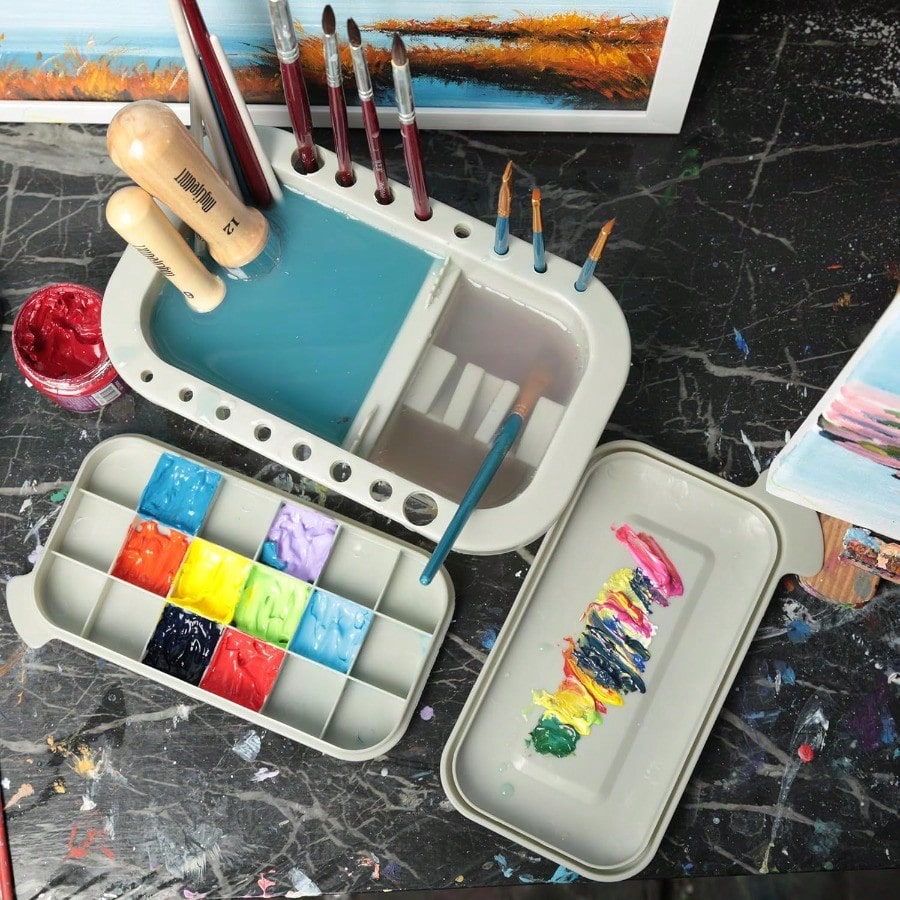 Paint Brush Cleaner, Paint Brush Holder And Organizers With Palette For Acrylic, Watercolor, And Water-Based Paints (Grey)