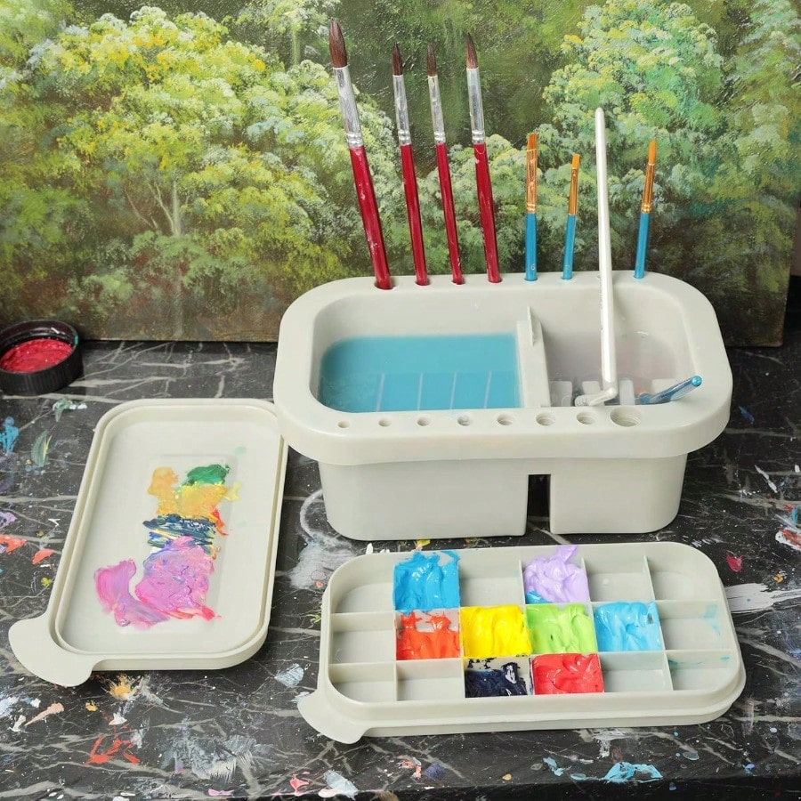 Paint Brush Cleaner, Paint Brush Holder And Organizers With Palette For Acrylic, Watercolor, And Water-Based Paints (Grey)