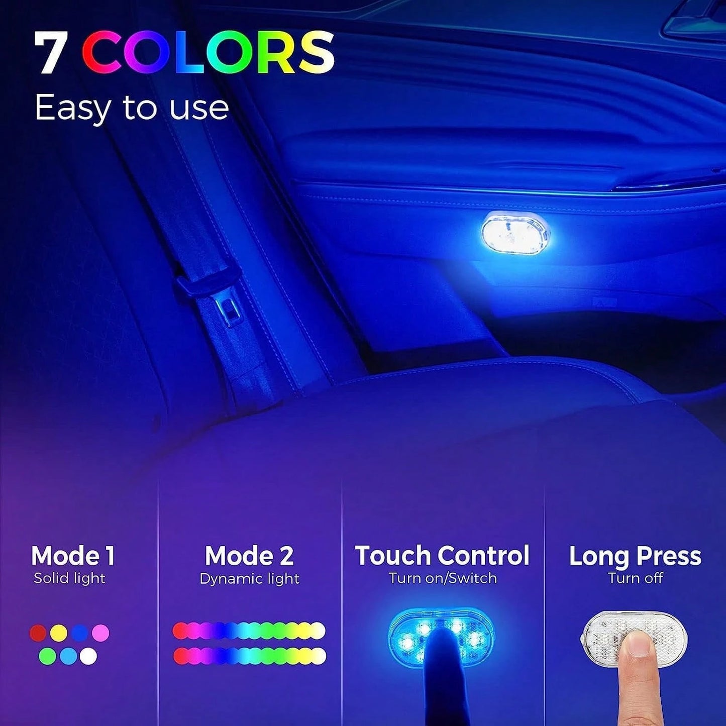 PAKRYS 2pcs LED Car Interior Lights With Touch Sensor- Strong Adhesive/Magnetic Mount, Multiple Colors (White, Blue, Green, Purple), Portable Reading Ceiling Lamp