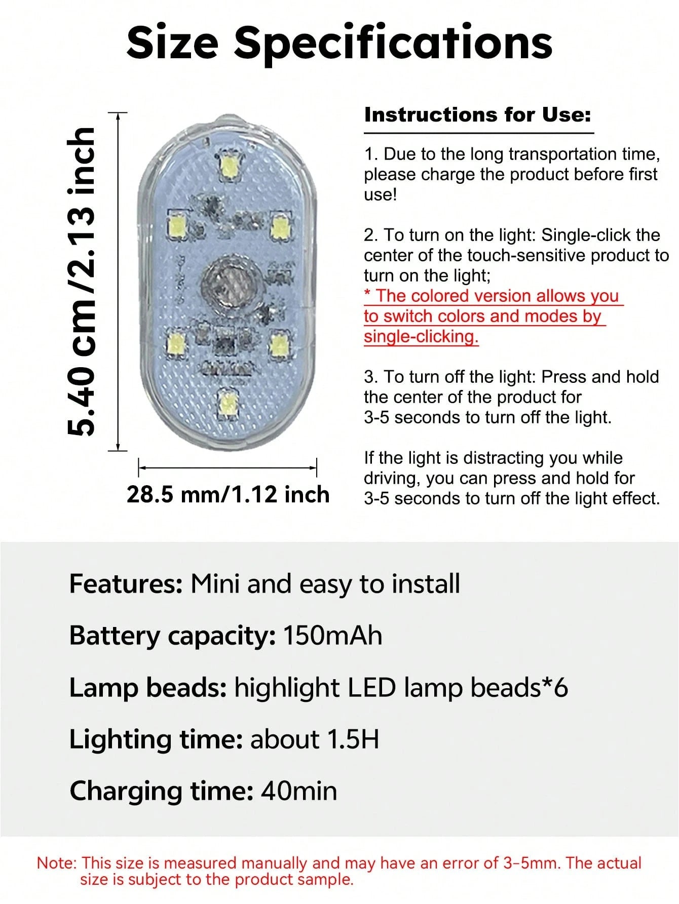 PAKRYS 2pcs LED Car Interior Lights With Touch Sensor- Strong Adhesive/Magnetic Mount, Multiple Colors (White, Blue, Green, Purple), Portable Reading Ceiling Lamp