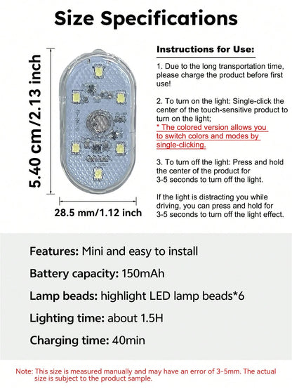 PAKRYS 2pcs LED Car Interior Lights With Touch Sensor- Strong Adhesive/Magnetic Mount, Multiple Colors (White, Blue, Green, Purple), Portable Reading Ceiling Lamp