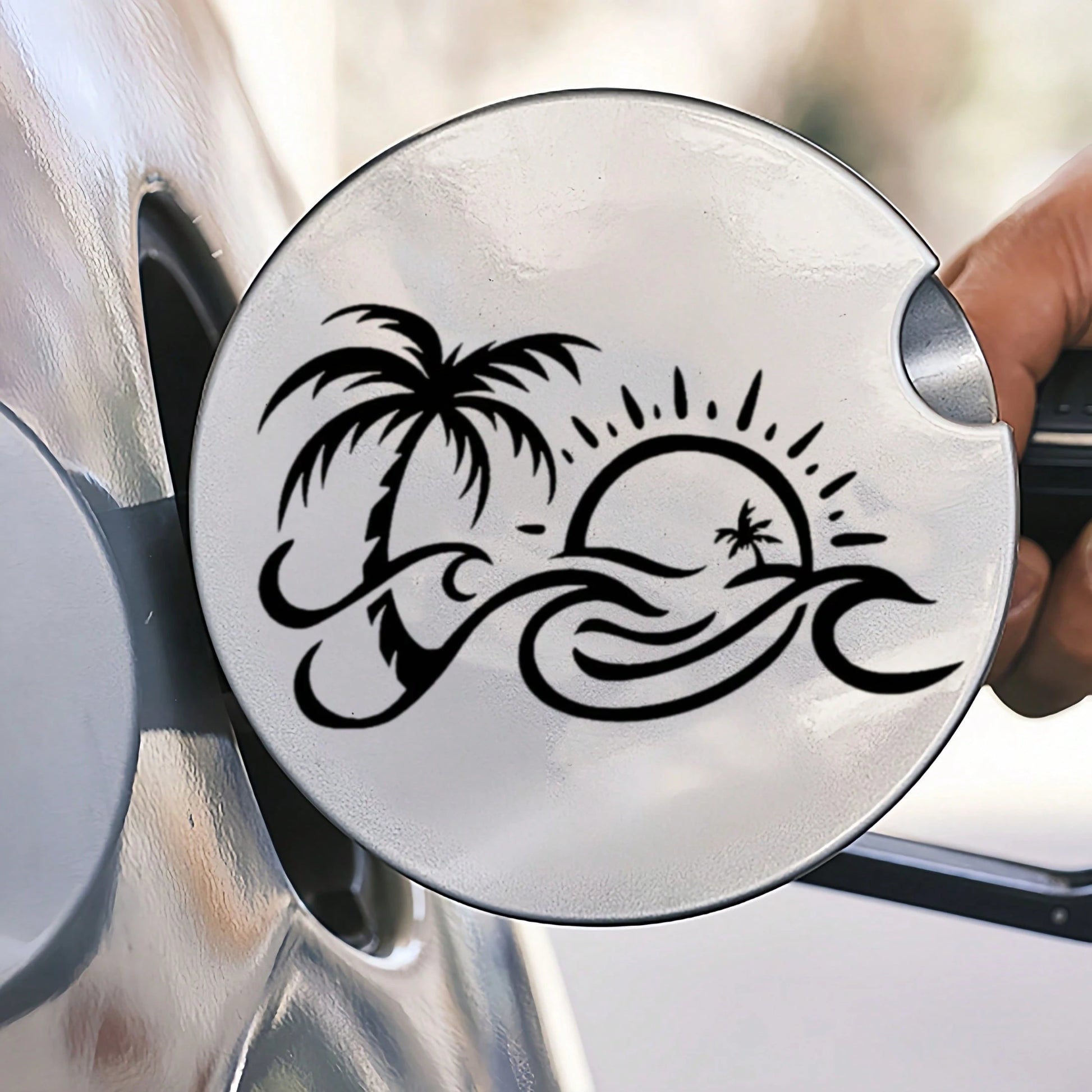 Palm Tree And Wave Pattern Car Rearview Mirror Sticker, Suitable For Water Bottles, Laptops, Refrigerators, Windows, Car Decor Stickers