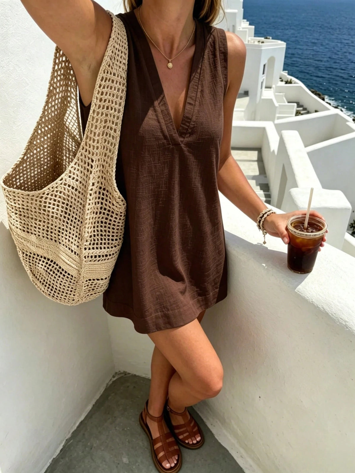 Pariaura Minimalist White Linen Sleeveless V-Neck Dress/ Relaxed A-Line Skirt/ Korean Soft Style/ Daily Commute Short Dress