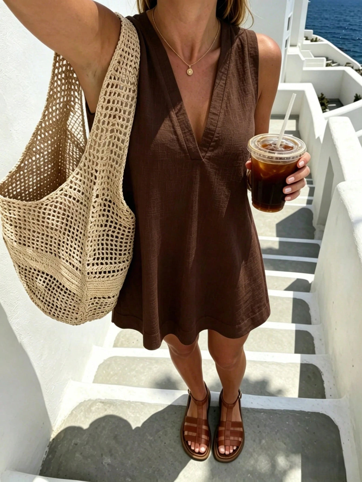Pariaura Minimalist White Linen Sleeveless V-Neck Dress/ Relaxed A-Line Skirt/ Korean Soft Style/ Daily Commute Short Dress