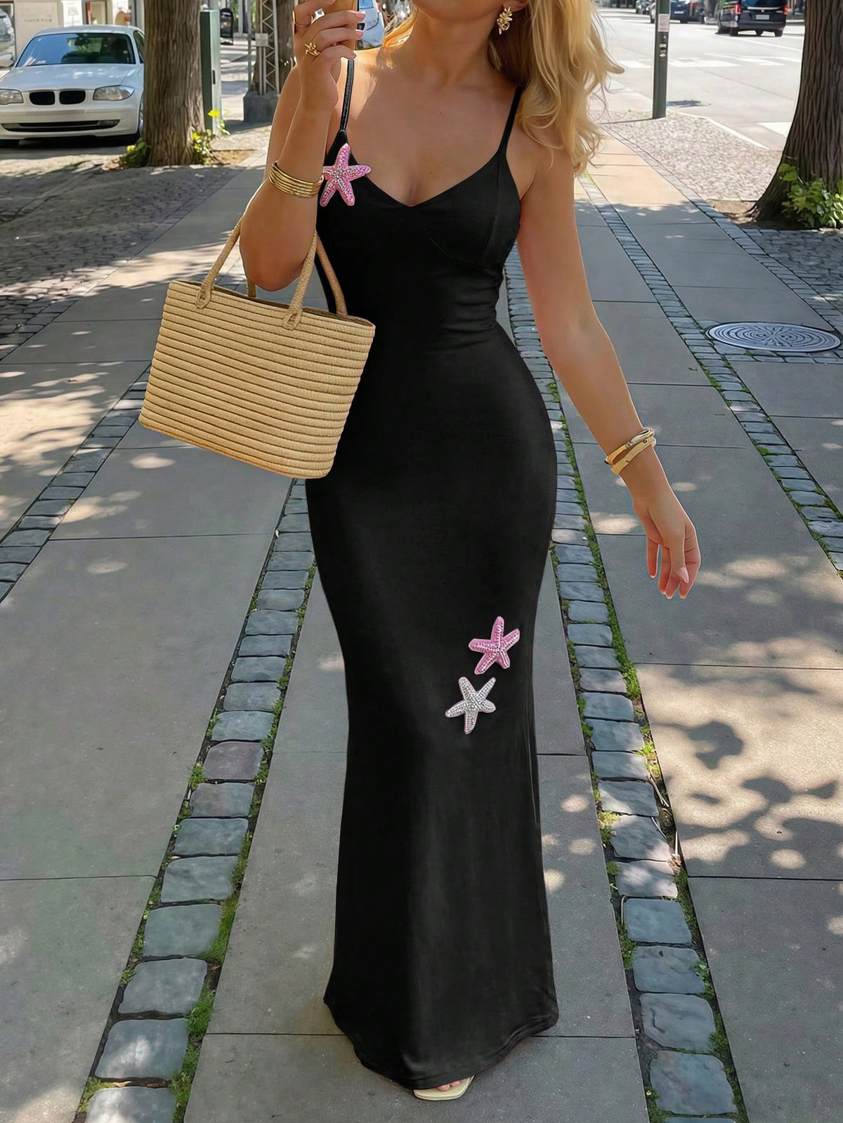 Pariaura Summer Vacation Beach Outing V-Neck Starfish Decor Dress