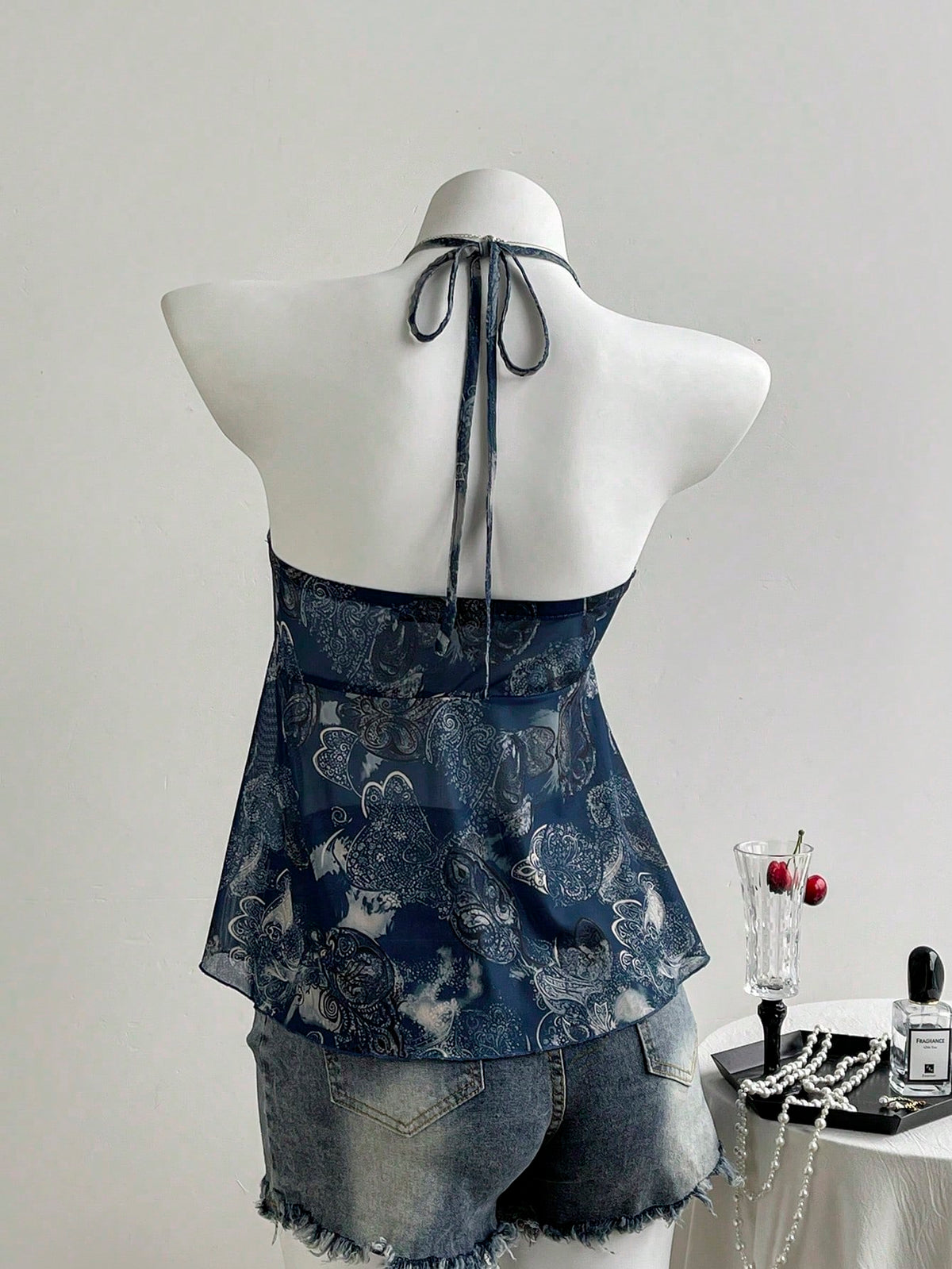 PariChic Boho Halter Neck Bandeau Top For Women Blue Plant Pattern Sleeveless Knitted Fabric Ruched Flared Hem Regular Length Semi-Sheer