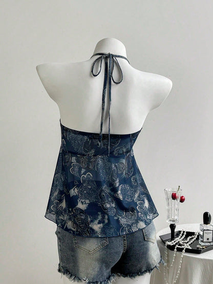 PariChic Boho Halter Neck Bandeau Top For Women Blue Plant Pattern Sleeveless Knitted Fabric Ruched Flared Hem Regular Length Semi-Sheer