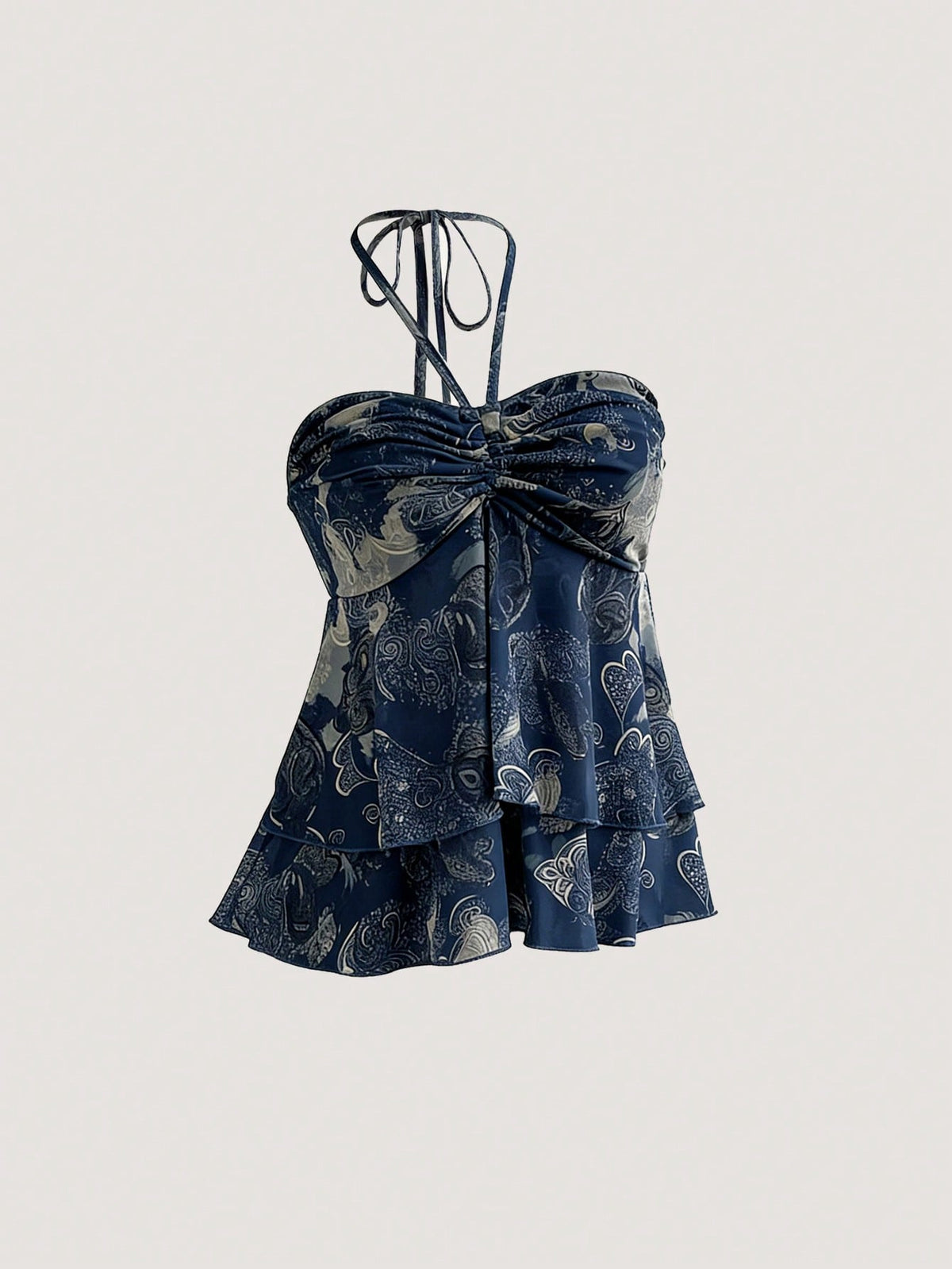 PariChic Boho Halter Neck Bandeau Top For Women Blue Plant Pattern Sleeveless Knitted Fabric Ruched Flared Hem Regular Length Semi-Sheer