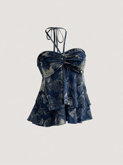 PariChic Boho Halter Neck Bandeau Top For Women Blue Plant Pattern Sleeveless Knitted Fabric Ruched Flared Hem Regular Length Semi-Sheer