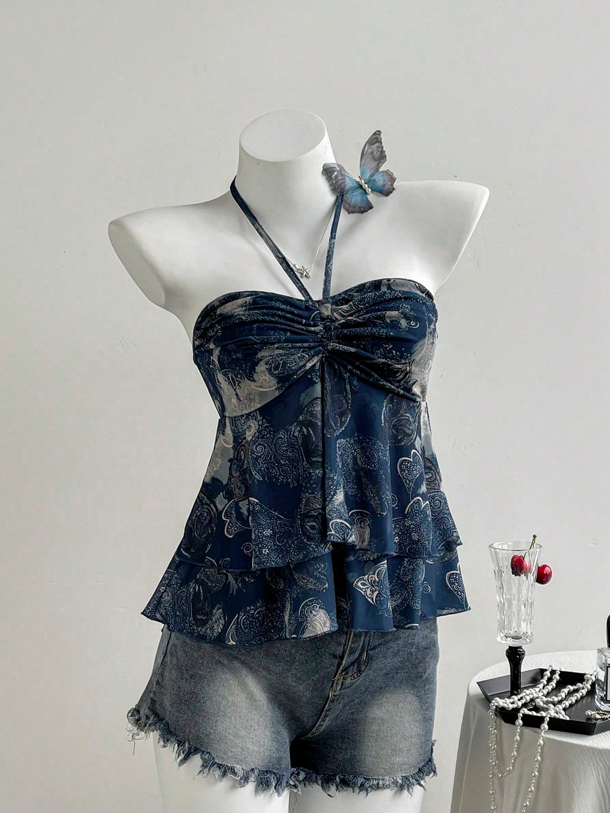 PariChic Boho Halter Neck Bandeau Top For Women Blue Plant Pattern Sleeveless Knitted Fabric Ruched Flared Hem Regular Length Semi-Sheer