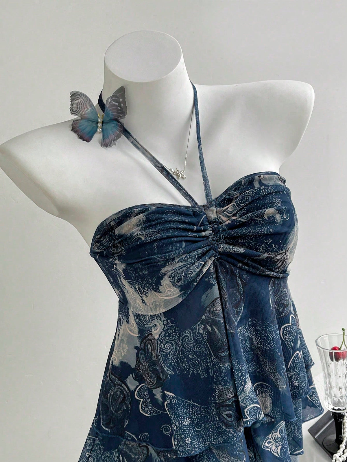PariChic Boho Halter Neck Bandeau Top For Women Blue Plant Pattern Sleeveless Knitted Fabric Ruched Flared Hem Regular Length Semi-Sheer