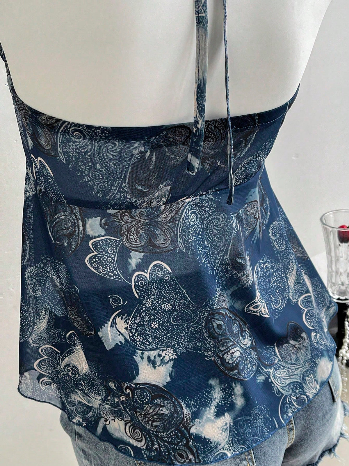 PariChic Boho Halter Neck Bandeau Top For Women Blue Plant Pattern Sleeveless Knitted Fabric Ruched Flared Hem Regular Length Semi-Sheer