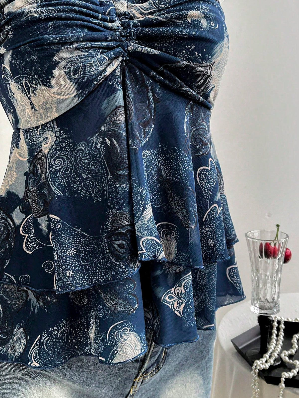 PariChic Boho Halter Neck Bandeau Top For Women Blue Plant Pattern Sleeveless Knitted Fabric Ruched Flared Hem Regular Length Semi-Sheer