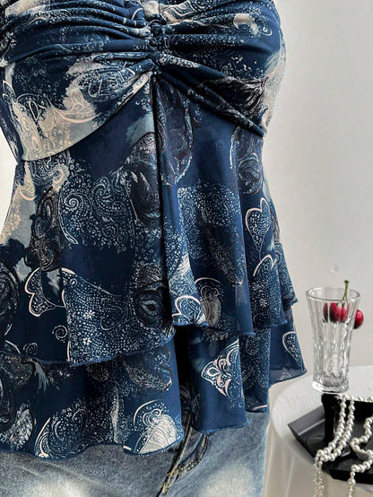 PariChic Boho Halter Neck Bandeau Top For Women Blue Plant Pattern Sleeveless Knitted Fabric Ruched Flared Hem Regular Length Semi-Sheer
