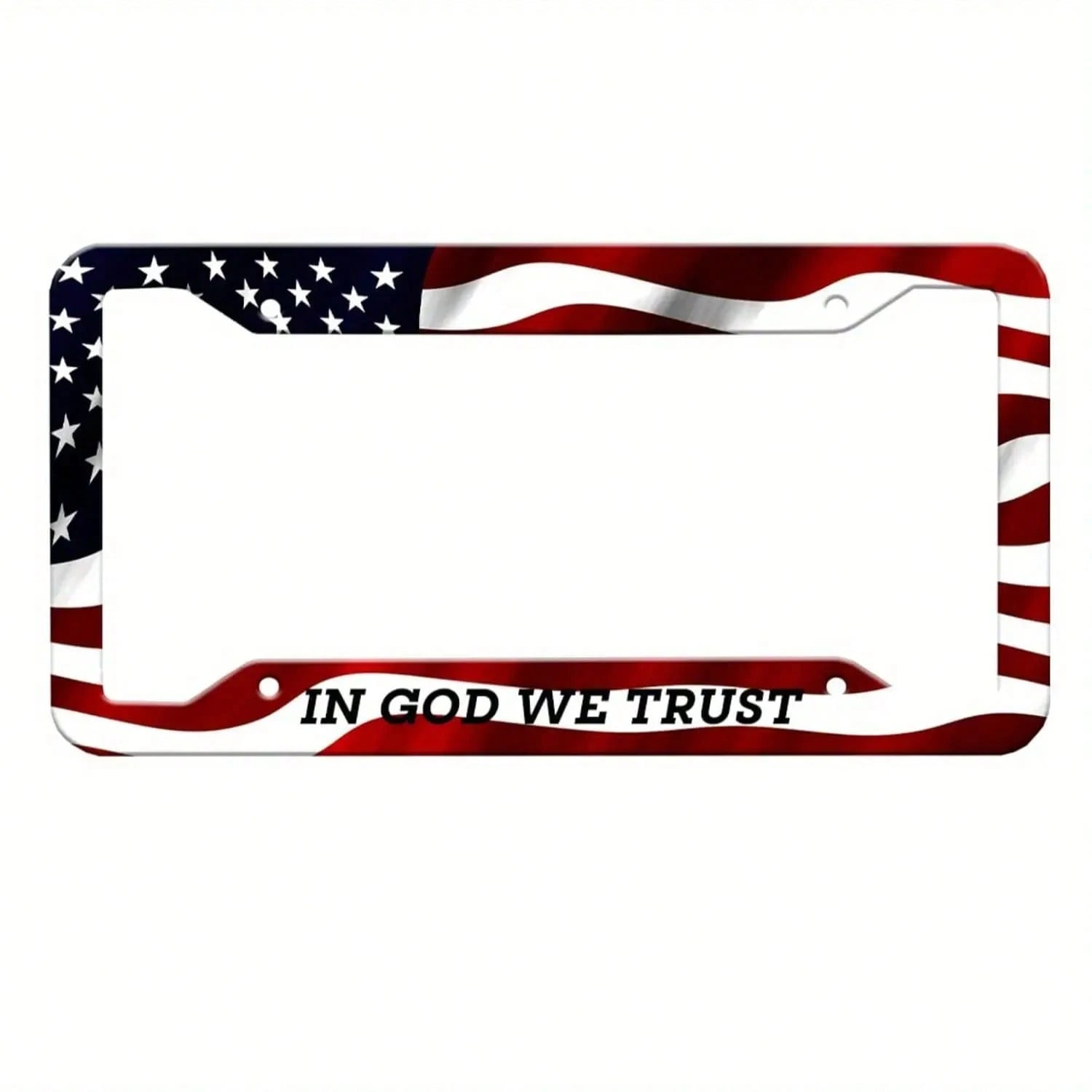Patriotic American Flag License Plate Frame- "We Trust In God" Design, 4-Hole Bracket, American Size 12.2x 6.3inch, Red, White And Blue Independence Day Car Accessories, License Plate Frame|Bold Gra