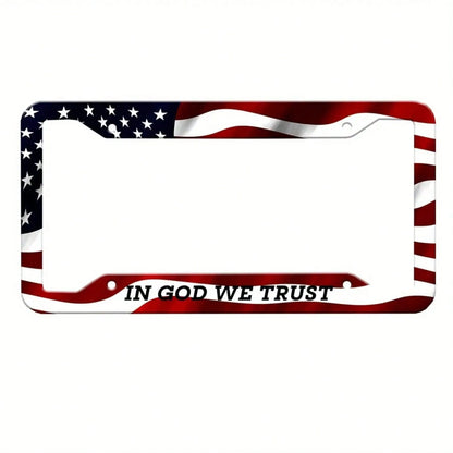 Patriotic American Flag License Plate Frame- "We Trust In God" Design, 4-Hole Bracket, American Size 12.2x 6.3inch, Red, White And Blue Independence Day Car Accessories, License Plate Frame|Bold Gra