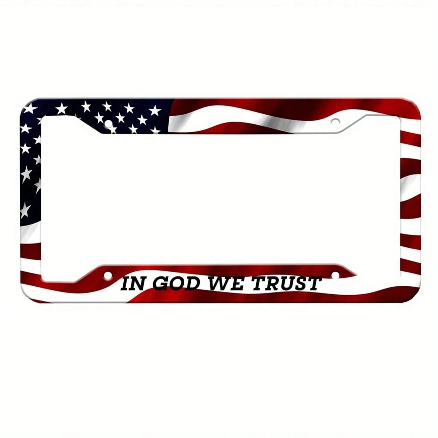 Patriotic American Flag License Plate Frame- "We Trust In God" Design, 4-Hole Bracket, American Size 12.2x 6.3inch, Red, White And Blue Independence Day Car Accessories, License Plate Frame|Bold Gra
