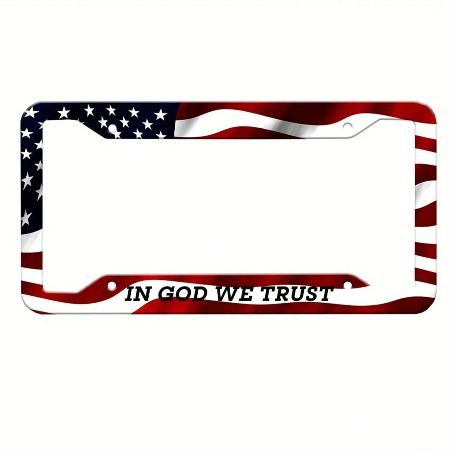 Patriotic American Flag License Plate Frame- "We Trust In God" Design, 4-Hole Bracket, American Size 12.2x 6.3inch, Red, White And Blue Independence Day Car Accessories, License Plate Frame|Bold Gra
