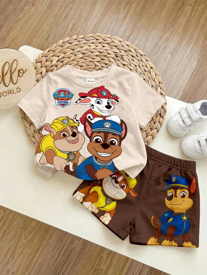 PAW Patrol Baby Boy Casual Simple, Soft And Comfortable, Cartoon Puppy Print, Round Neck Short Sleeve T-Shirt And Shorts 2pcs Set, Suitable For Spring And Summer