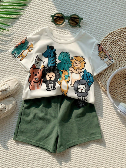 PAW Patrol Baby Boy Casual Simple, Soft And Comfortable, Cartoon Puppy Print, Round Neck Short Sleeve T-Shirt And Shorts 2pcs Set, Suitable For Spring And Summer