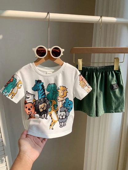 PAW Patrol Baby Boy Casual Simple, Soft And Comfortable, Cartoon Puppy Print, Round Neck Short Sleeve T-Shirt And Shorts 2pcs Set, Suitable For Spring And Summer