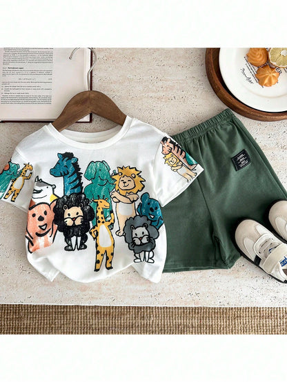 PAW Patrol Baby Boy Casual Simple, Soft And Comfortable, Cartoon Puppy Print, Round Neck Short Sleeve T-Shirt And Shorts 2pcs Set, Suitable For Spring And Summer